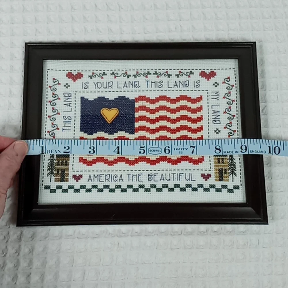 Vintage Framed Cross Stitch "America The Beautiful" American Flag Patriotic - Picture 8 of 13